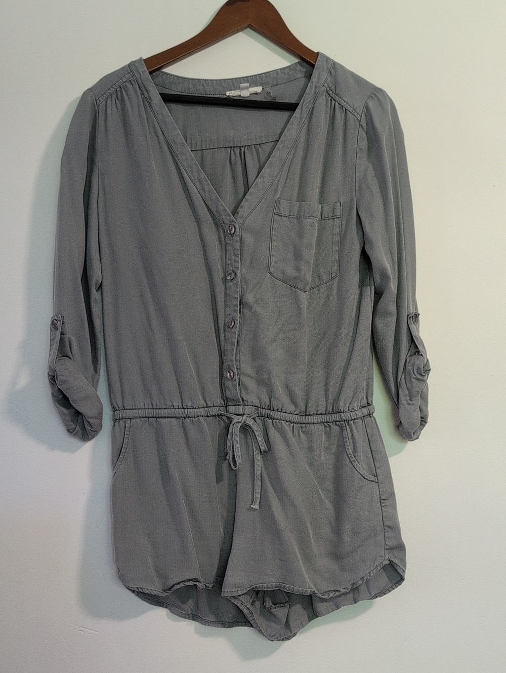 Women's Gray V-Neck Button Romper with Drawstring Waist